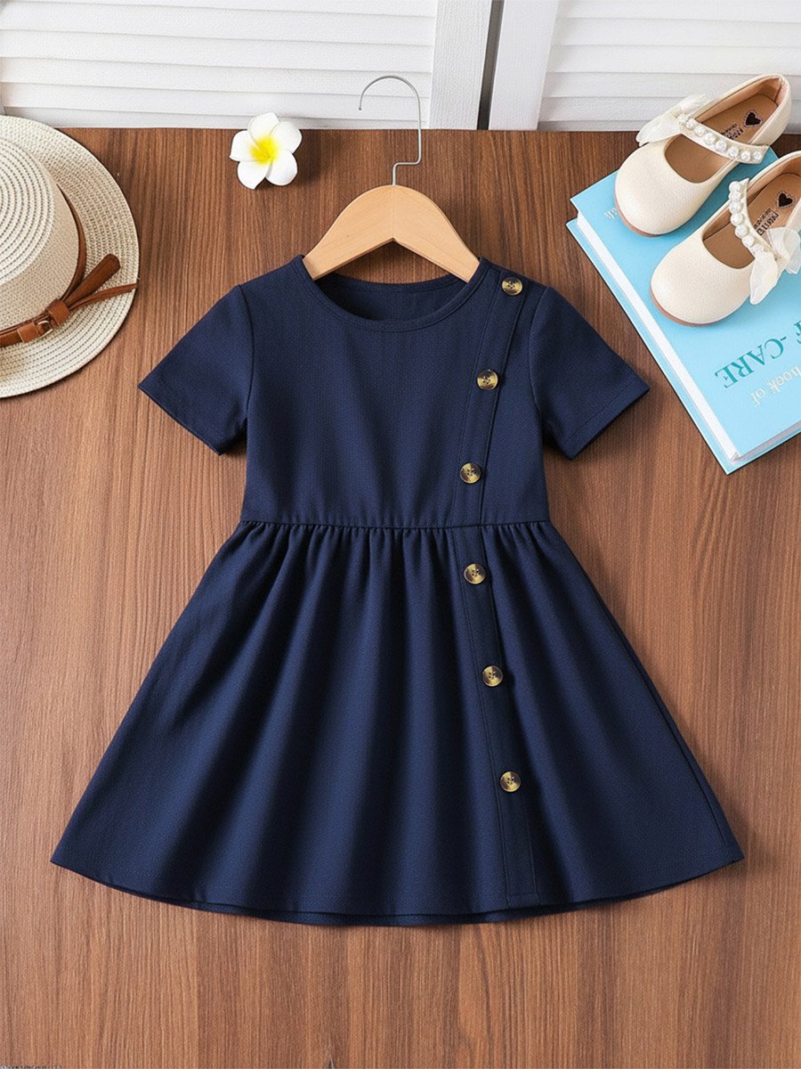 Girls Solid Short Sleeve Dress with Button Detail