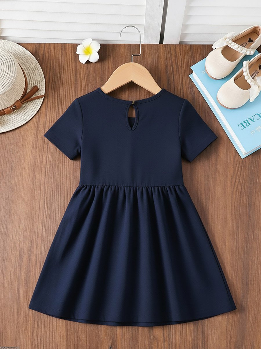 Girls Solid Short Sleeve Dress with Button Detail