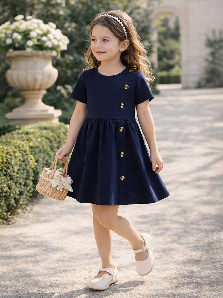 Girls Solid Short Sleeve Dress with Button Detail
