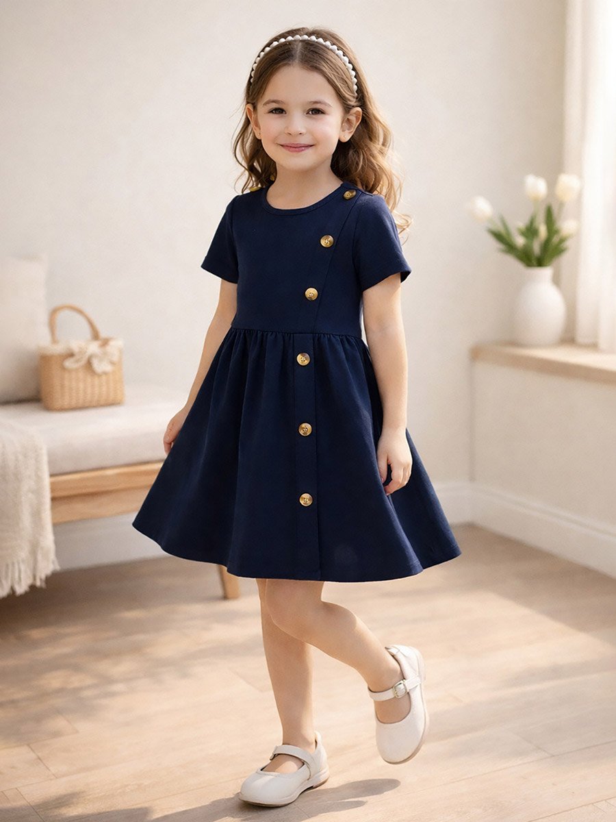 Girls Solid Short Sleeve Dress with Button Detail