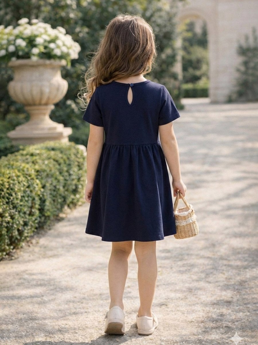 Girls Solid Short Sleeve Dress with Button Detail