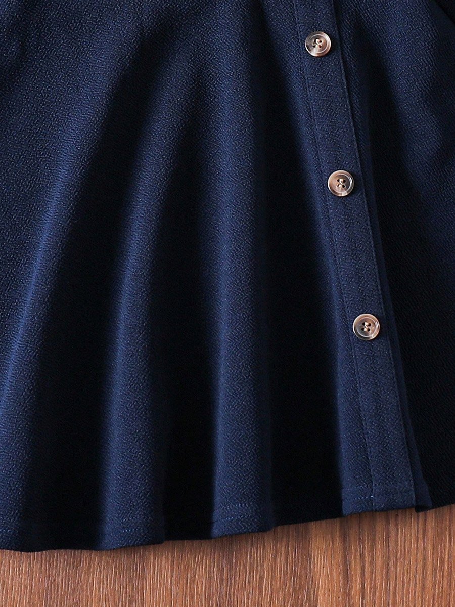 Girls Solid Short Sleeve Dress with Button Detail