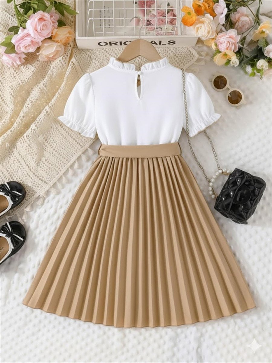 Girls Ruffled Puff Sleeve Pleated Dress with Bow Detail