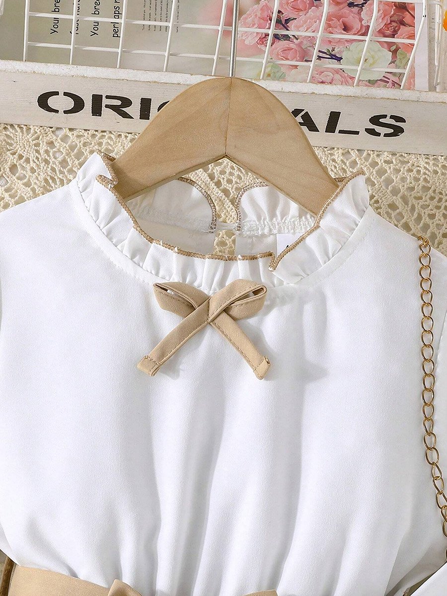 Girls Ruffled Puff Sleeve Pleated Dress with Bow Detail