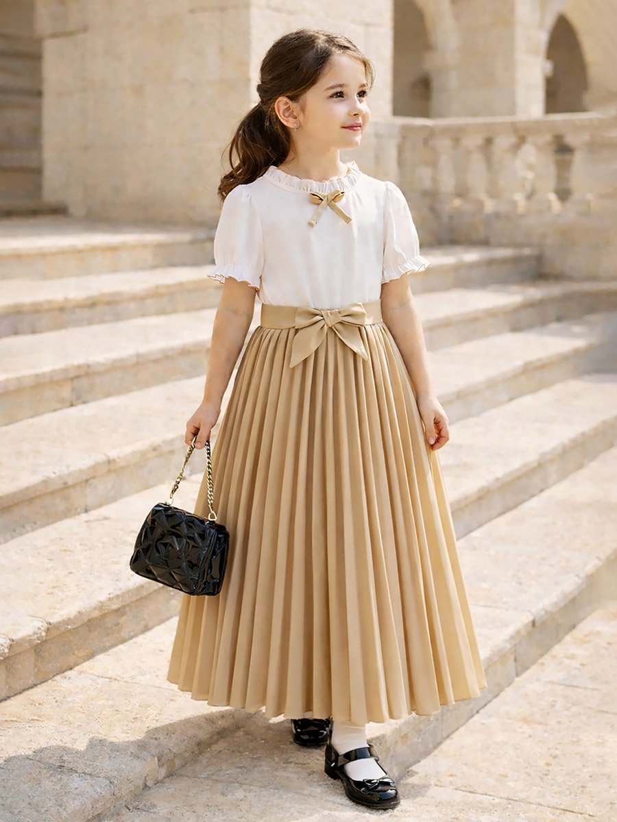 Girls Ruffled Puff Sleeve Pleated Dress with Bow Detail