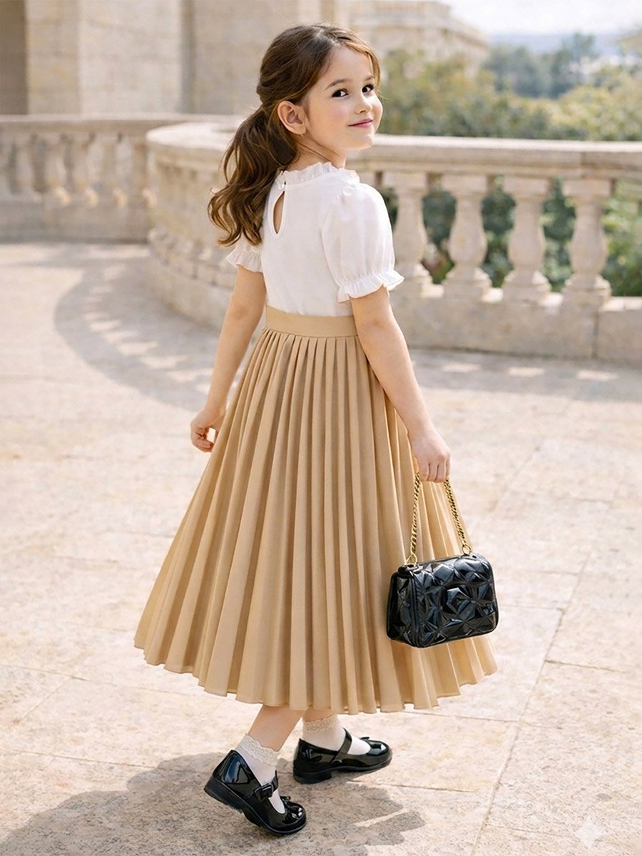 Girls Ruffled Puff Sleeve Pleated Dress with Bow Detail