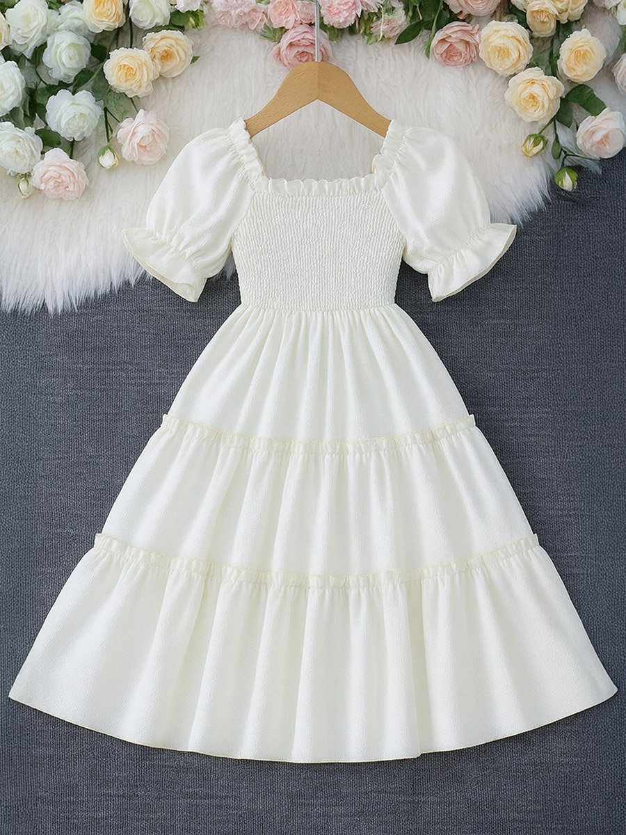 Girls Smocked Puff Sleeve Tiered Dress
