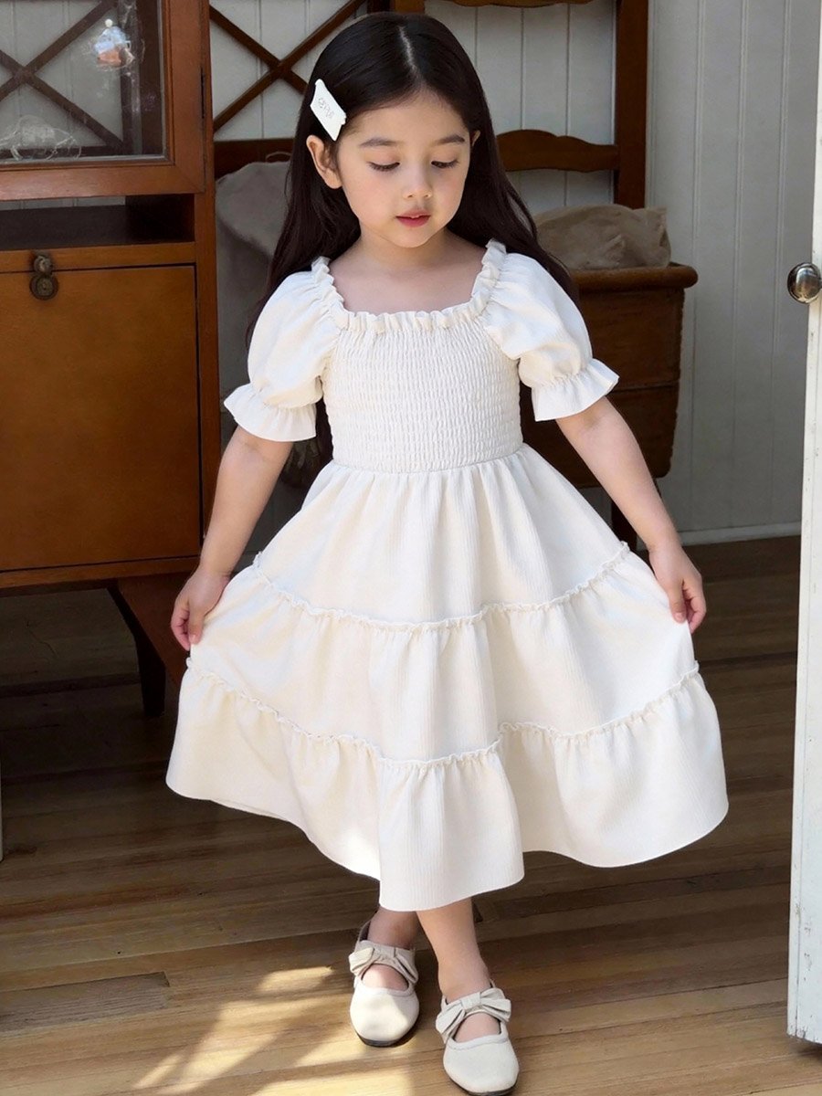 Girls Smocked Puff Sleeve Tiered Dress