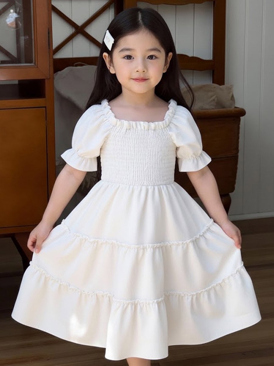 Girls Smocked Puff Sleeve Tiered Dress
