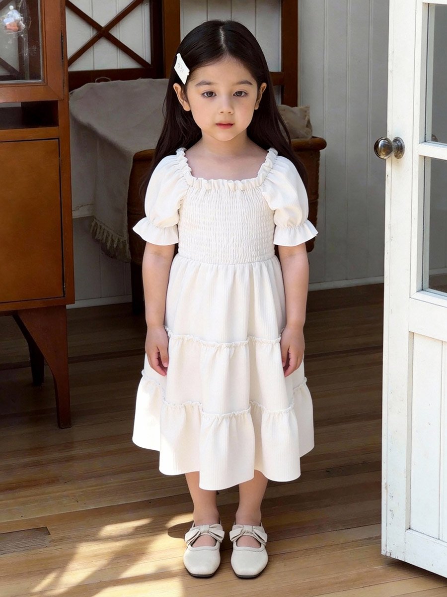 Girls Smocked Puff Sleeve Tiered Dress