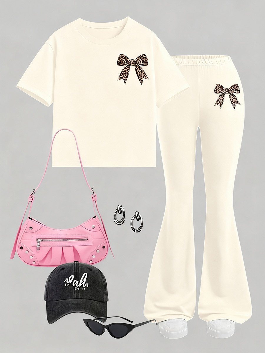 Girls Beige Bow T-Shirt and Flare Pants Set