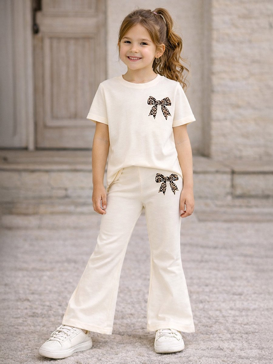 Girls Beige Bow T-Shirt and Flare Pants Set