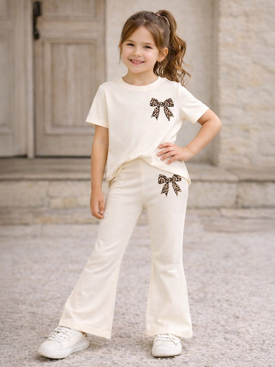 Girls Beige Bow T-Shirt and Flare Pants Set
