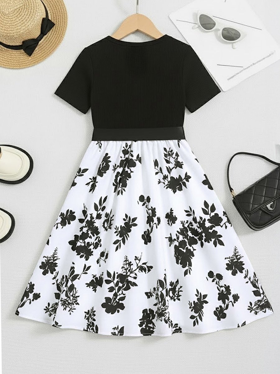 Girls Floral Print Bow Detail Dress