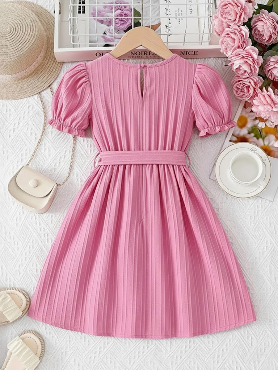 Girls Texture Puff Sleeve Dress with Bow Detail