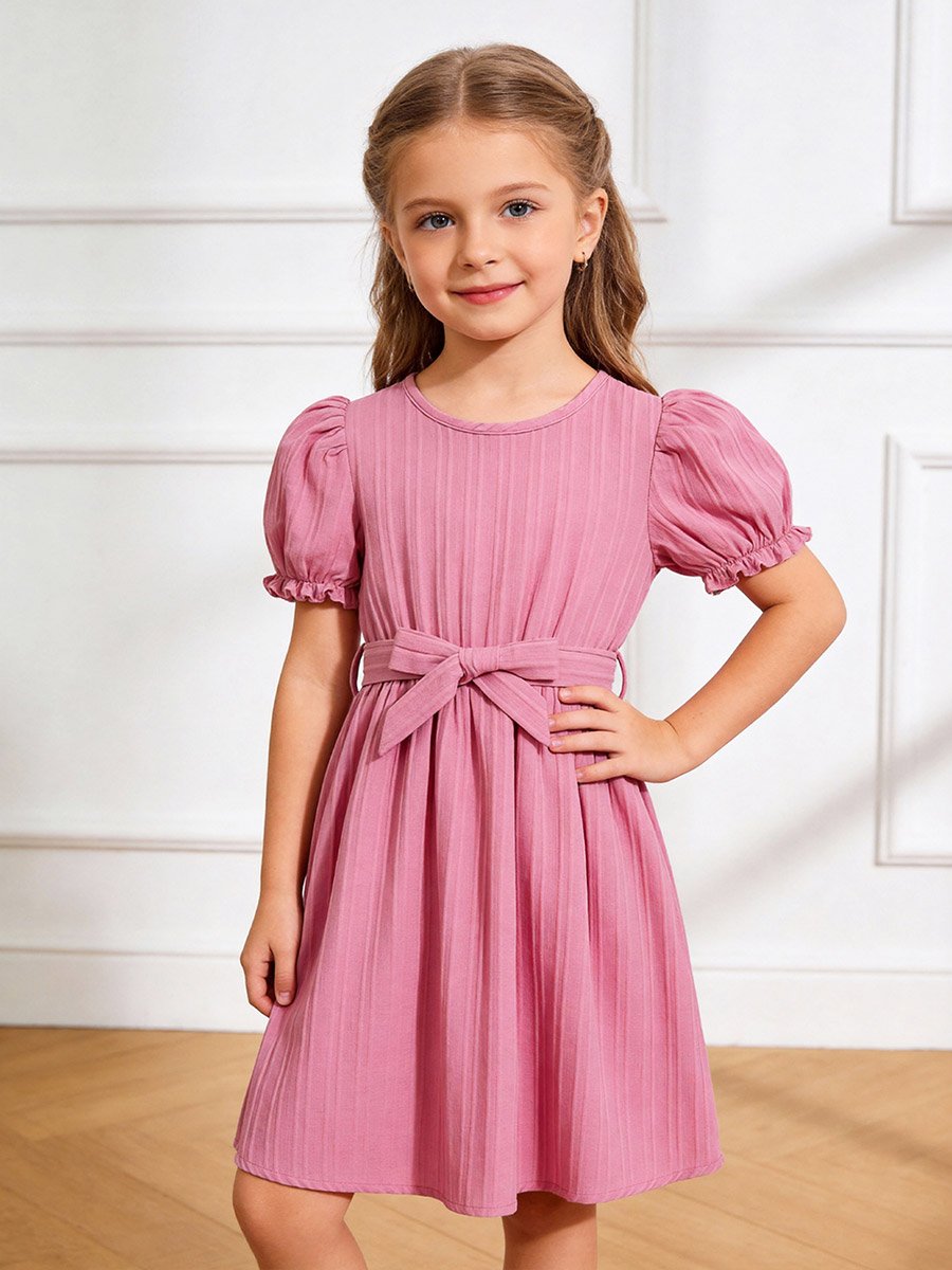 Girls Texture Puff Sleeve Dress with Bow Detail