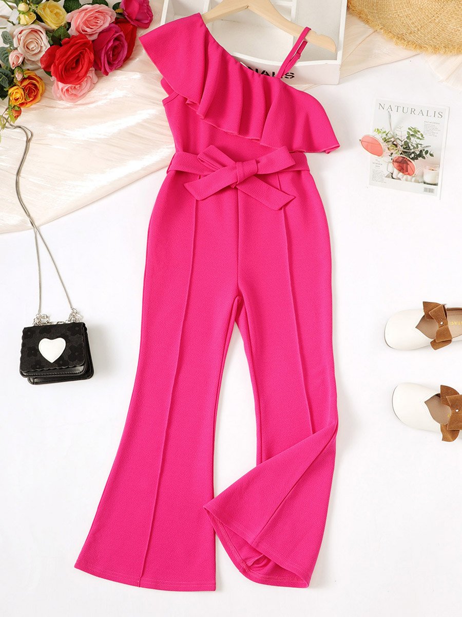 Girls Pink One Shoulder Ruffle Belted Jumpsuit