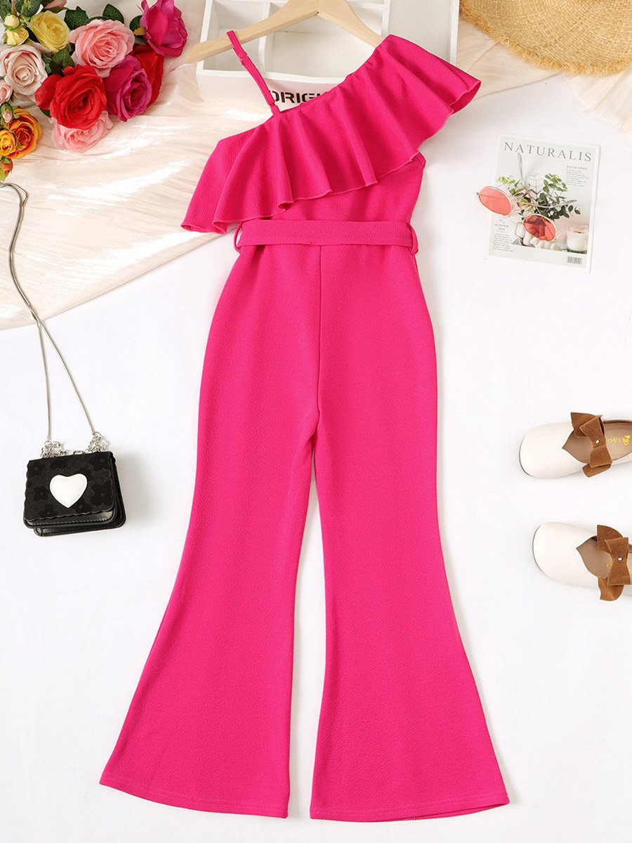 Girls Pink One Shoulder Ruffle Belted Jumpsuit