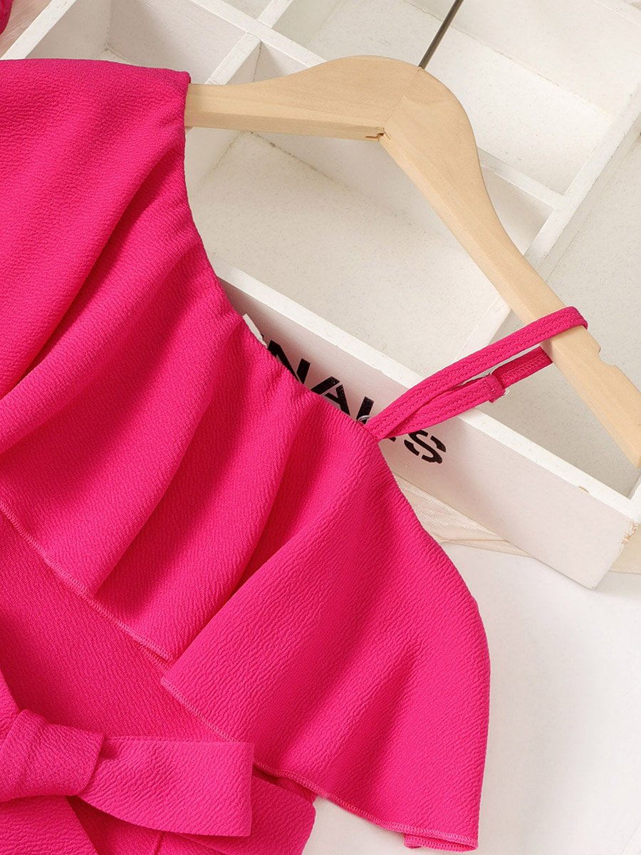 Girls Pink One Shoulder Ruffle Belted Jumpsuit