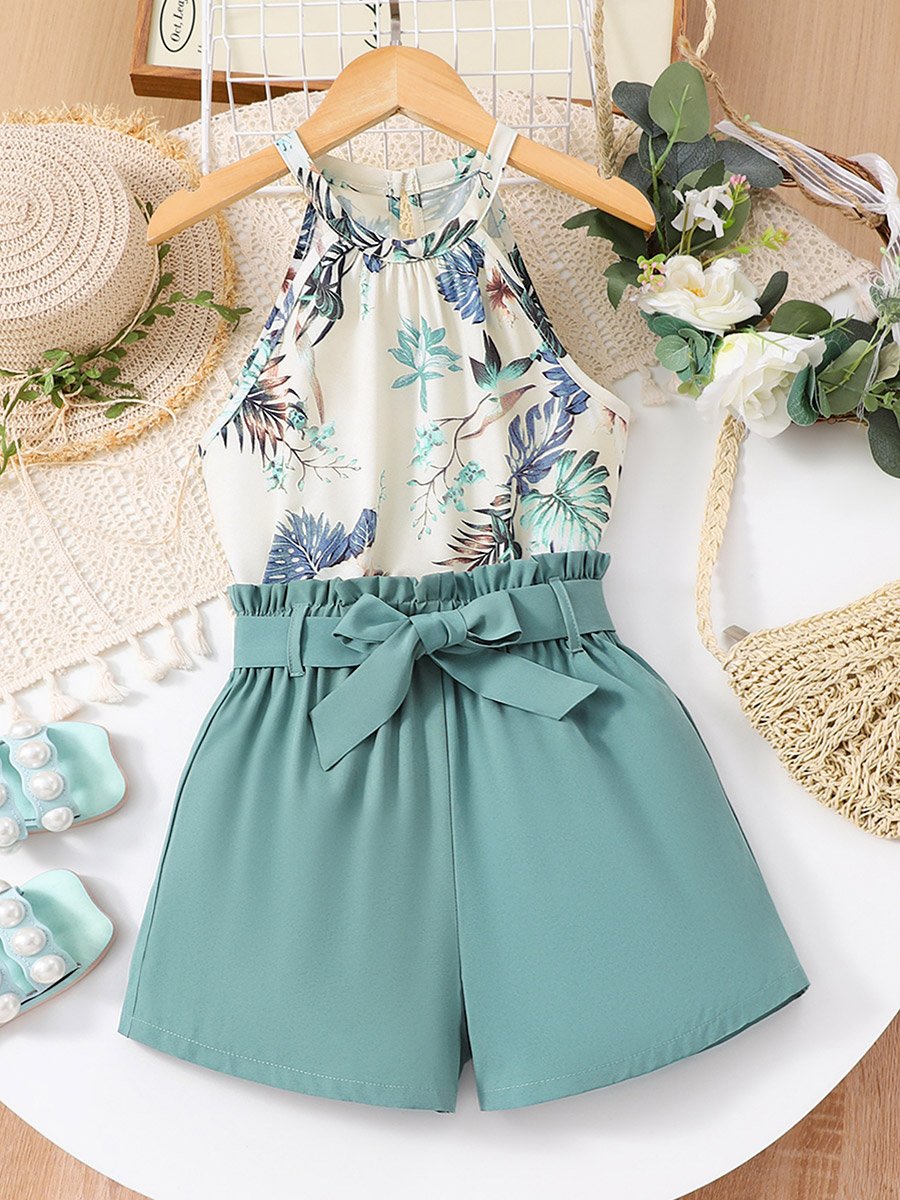 Girls Floral Print Sleeveless Top and Elasticated Waistband Shorts Set