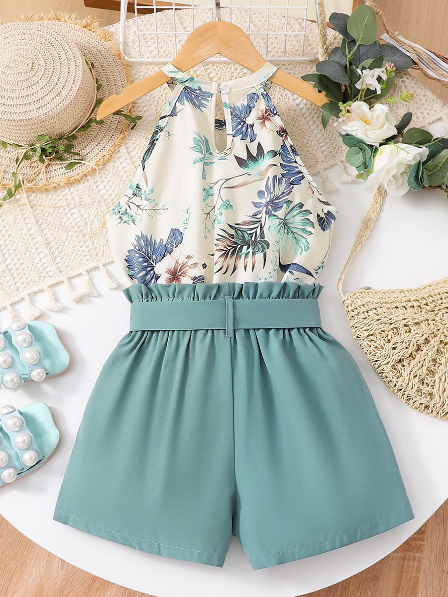 Girls Floral Print Sleeveless Top and Elasticated Waistband Shorts Set