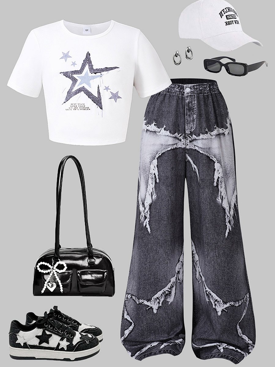 Girls Graphic Print Top and Printed Pants Set