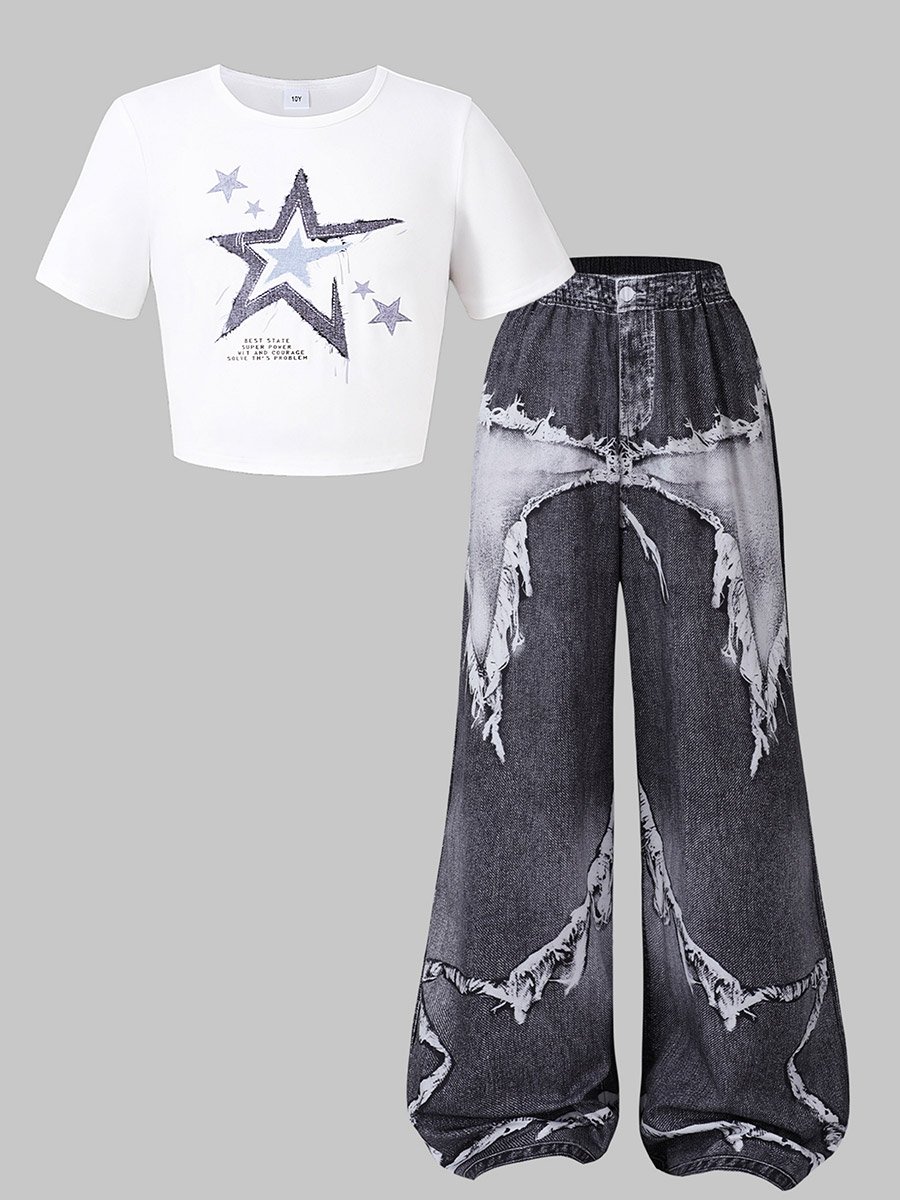 Girls Graphic Print Top and Printed Pants Set