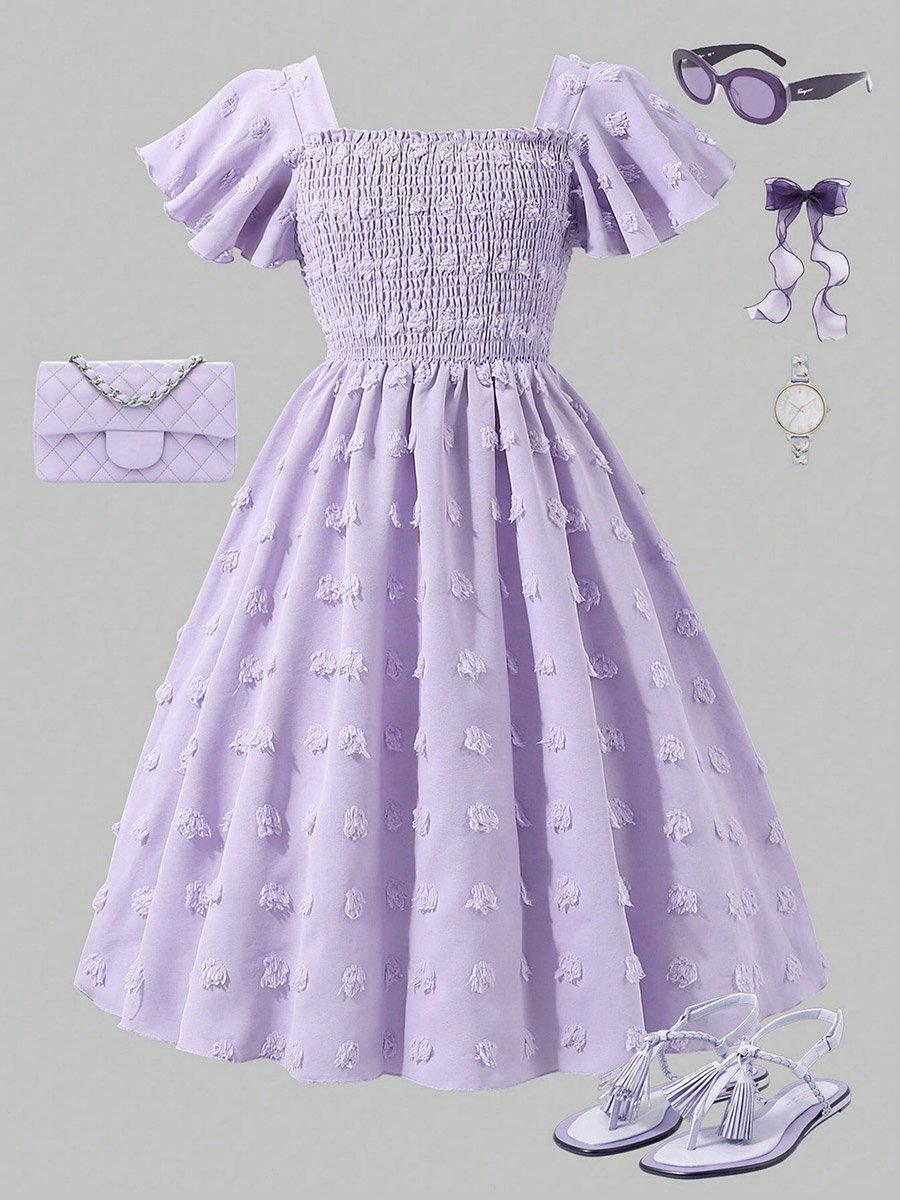 Girls Purple Embellished Smocked Detail Midi Dress