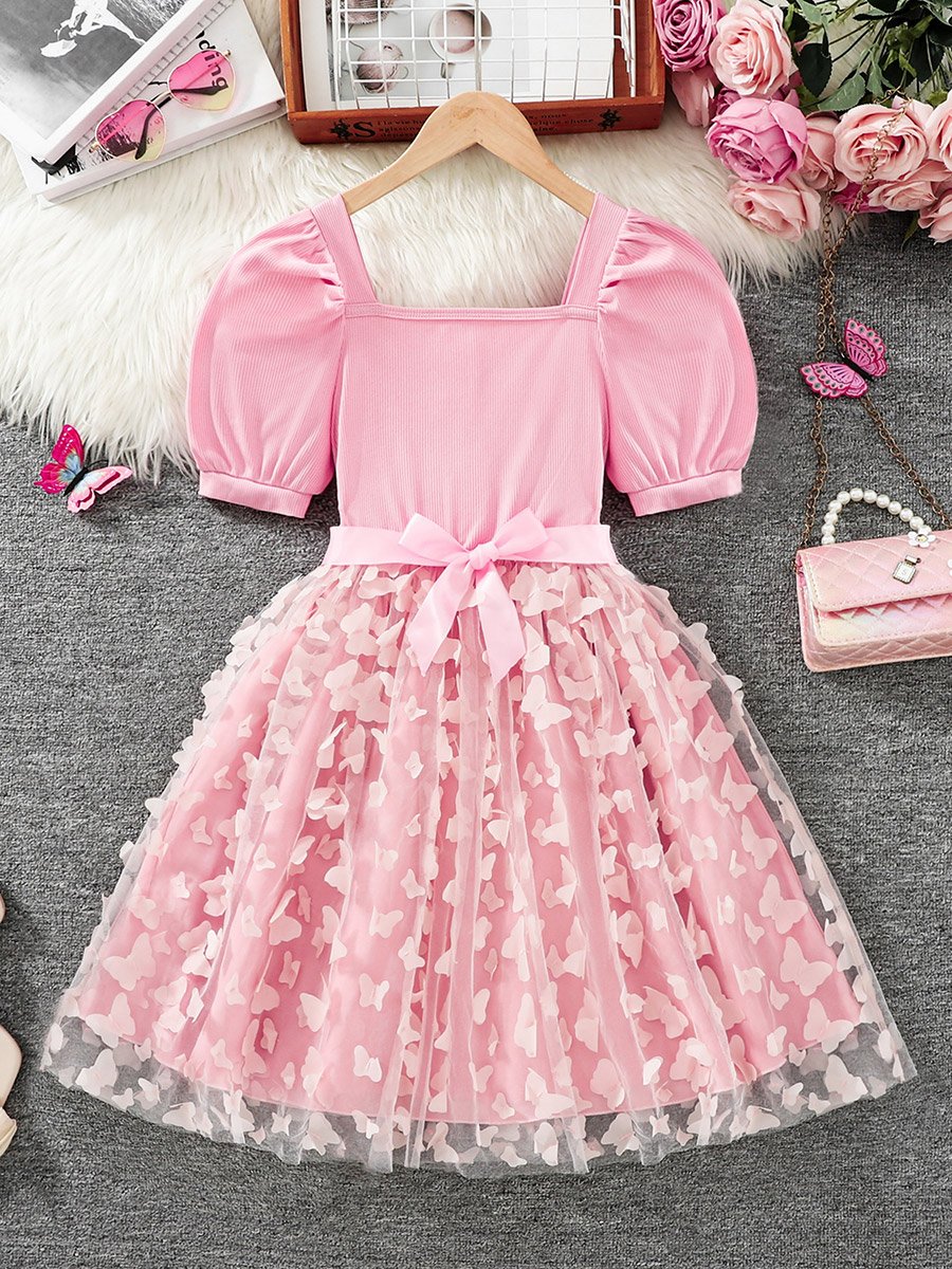 Girls Pink Puff Sleeve Butterfly Embellished Dress