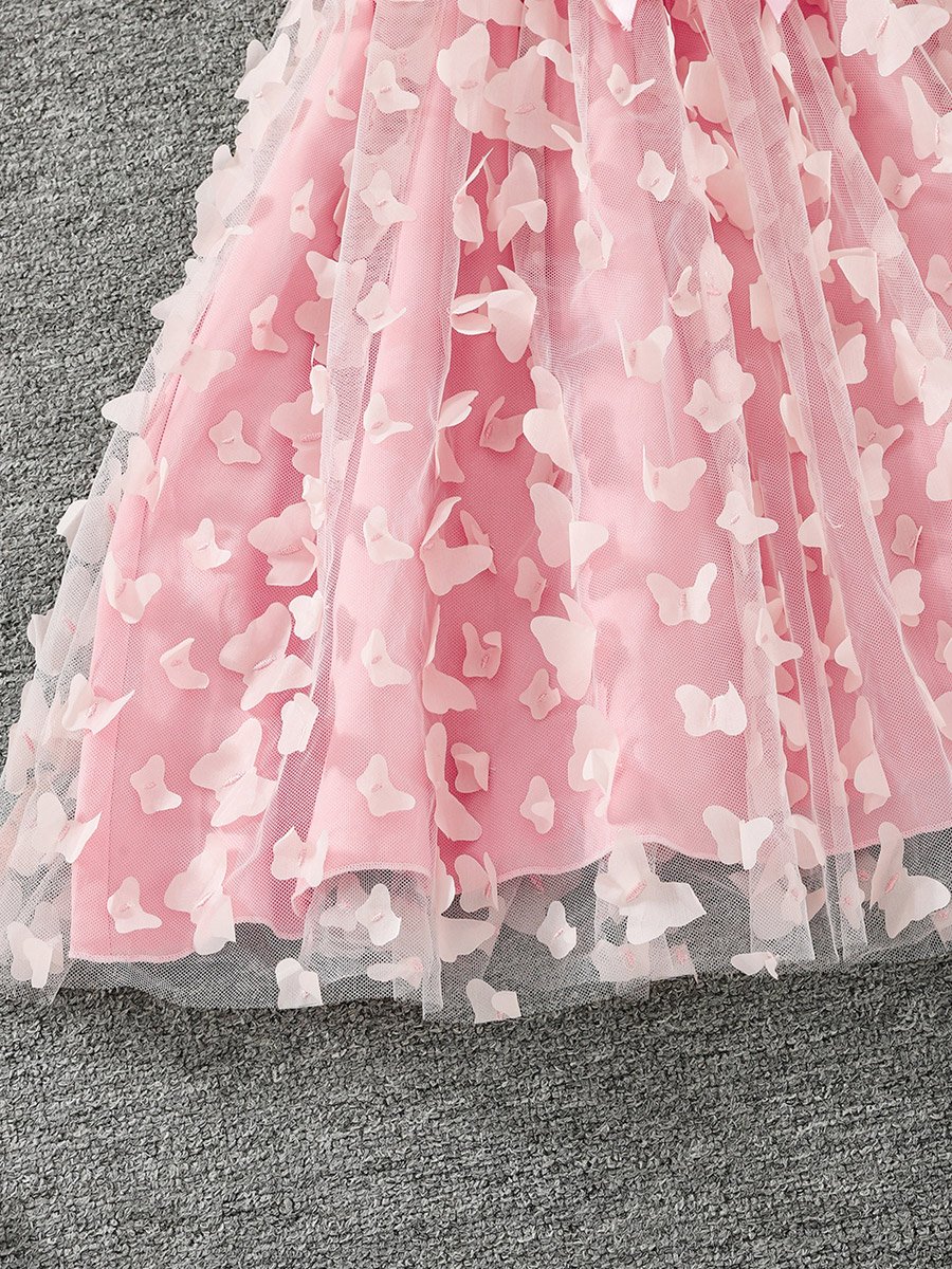 Girls Pink Puff Sleeve Butterfly Embellished Dress