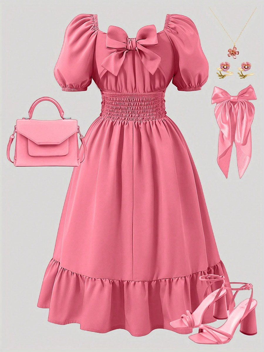 Girls Pink Puff Sleeve Pleated Ruffle Hem Midi Dress