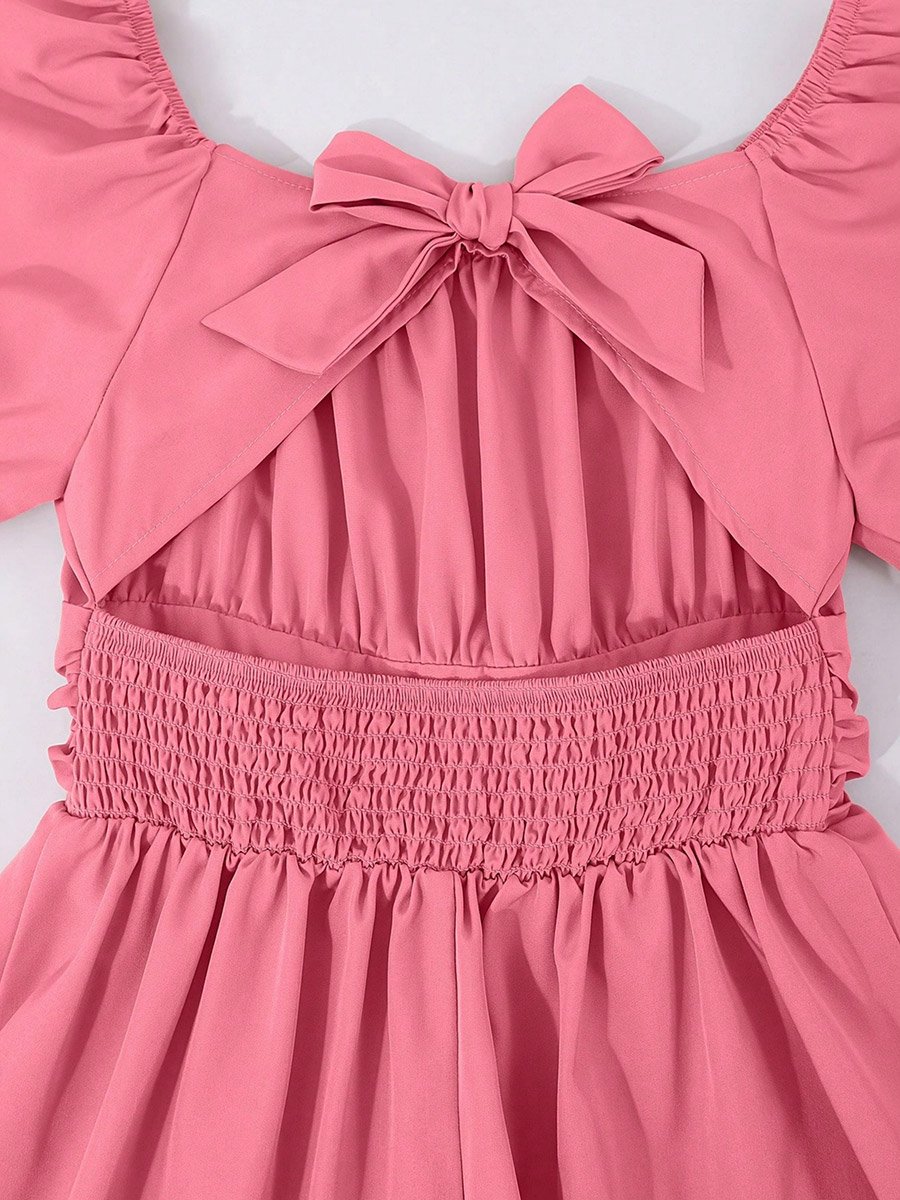 Girls Pink Puff Sleeve Pleated Ruffle Hem Midi Dress