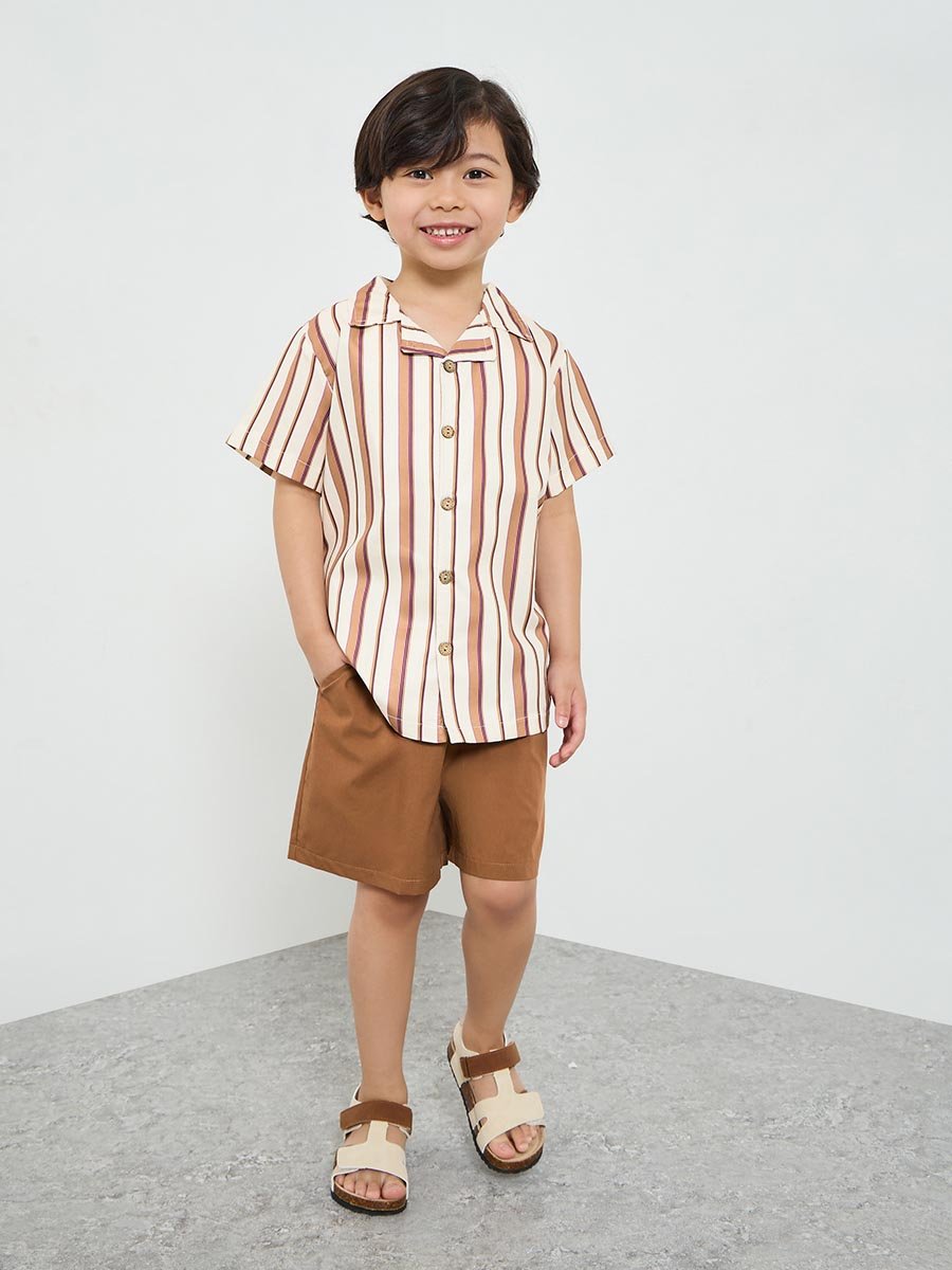 Boys Resort Collar Striped Shirt and Shorts Set