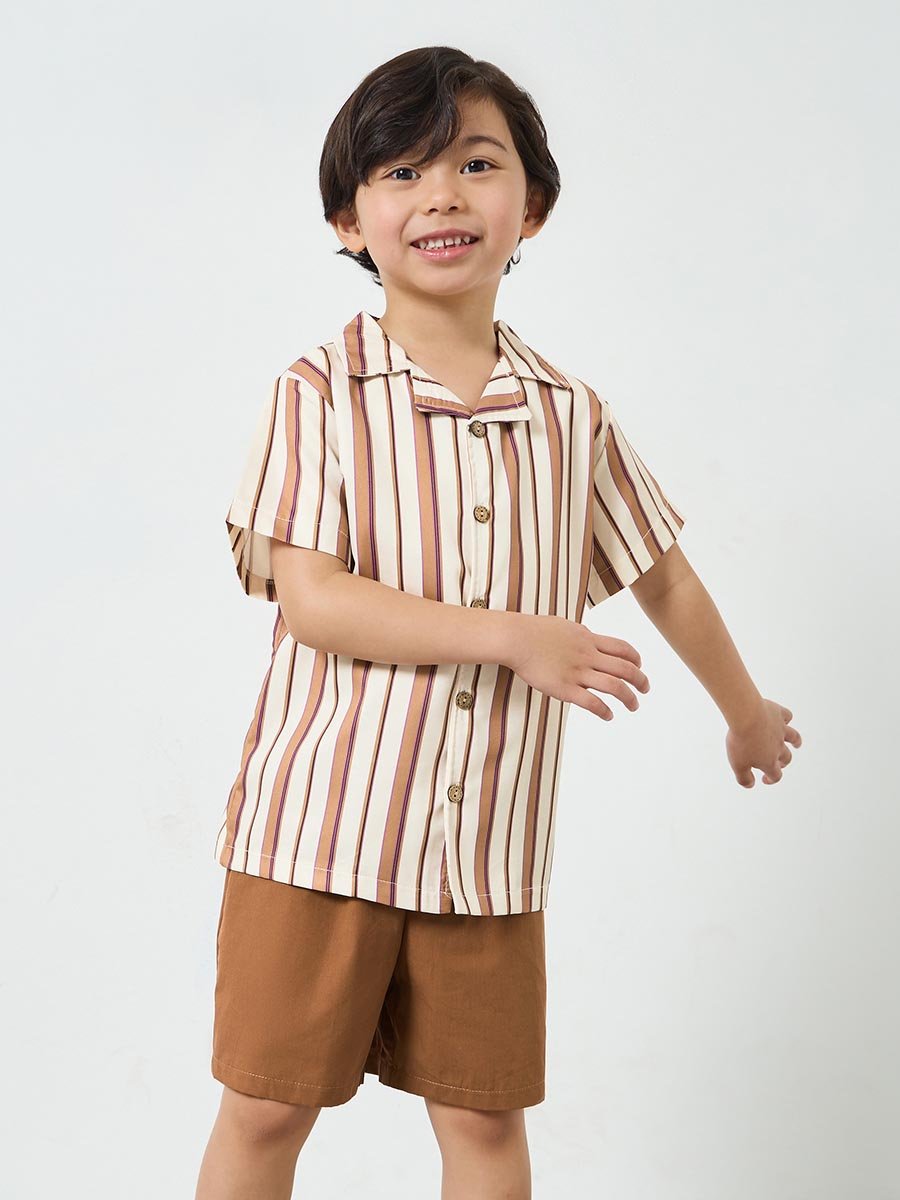 Boys Resort Collar Striped Shirt and Shorts Set