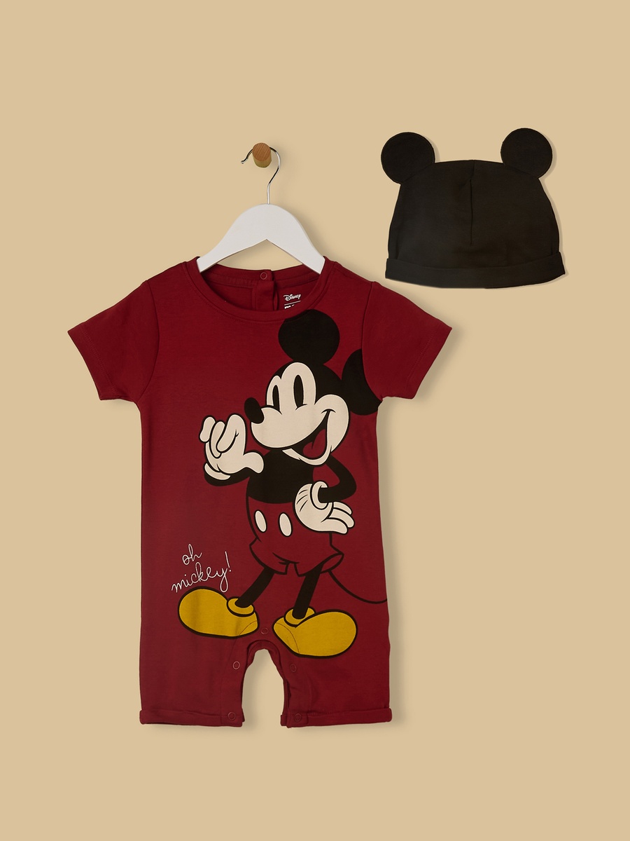 Mickey Mouse Print Cotton Romper with Cap