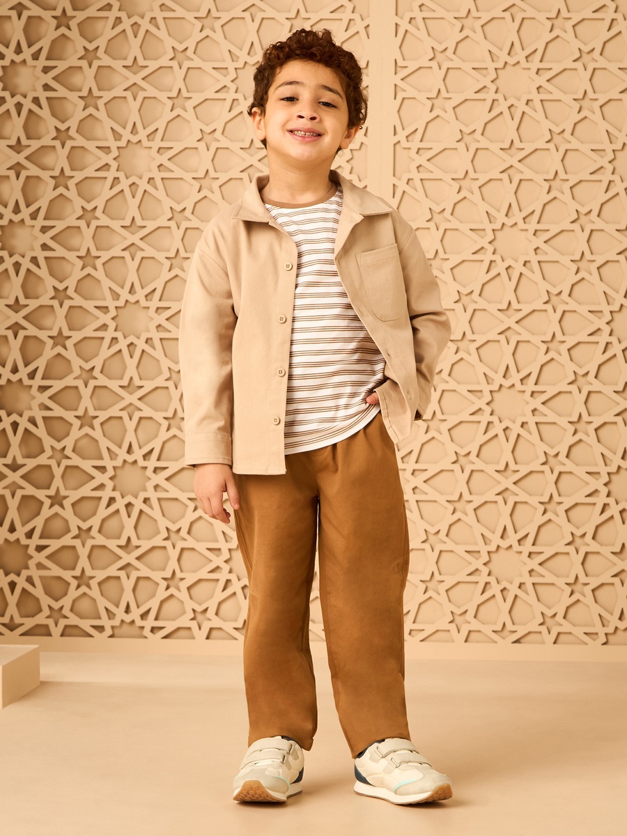 Twill Shacket With Striped T-Shirt And Pants