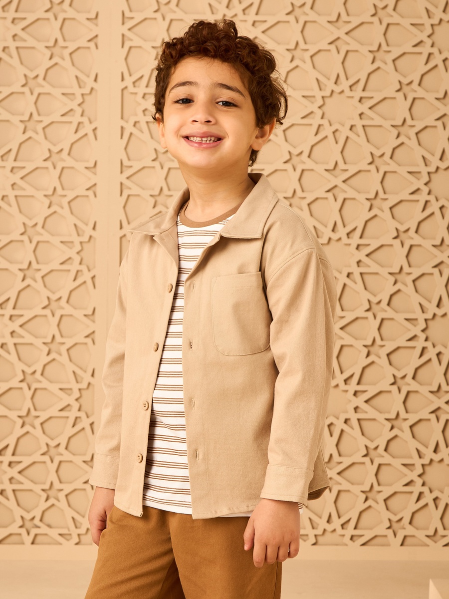 Twill Shacket With Striped T-Shirt And Pants