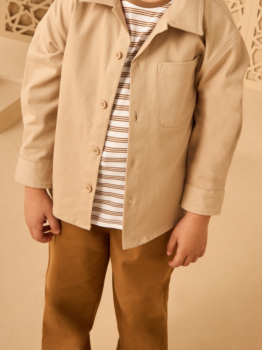 Twill Shacket With Striped T-Shirt And Pants