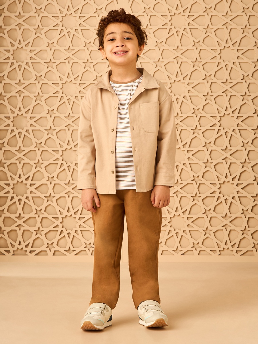Twill Shacket With Striped T-Shirt And Pants