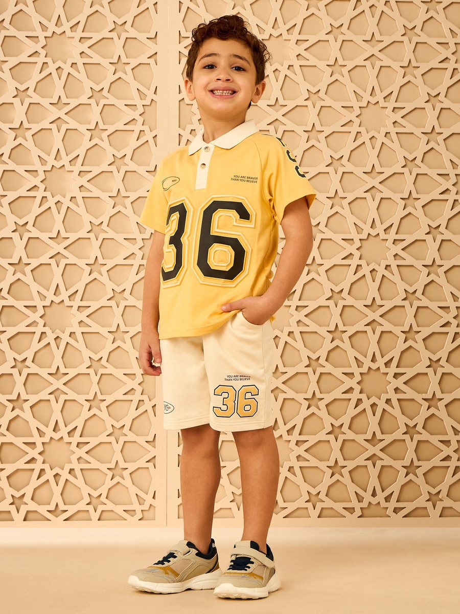 Varsity Print Cotton Polo T-Shirt and Shorts Set