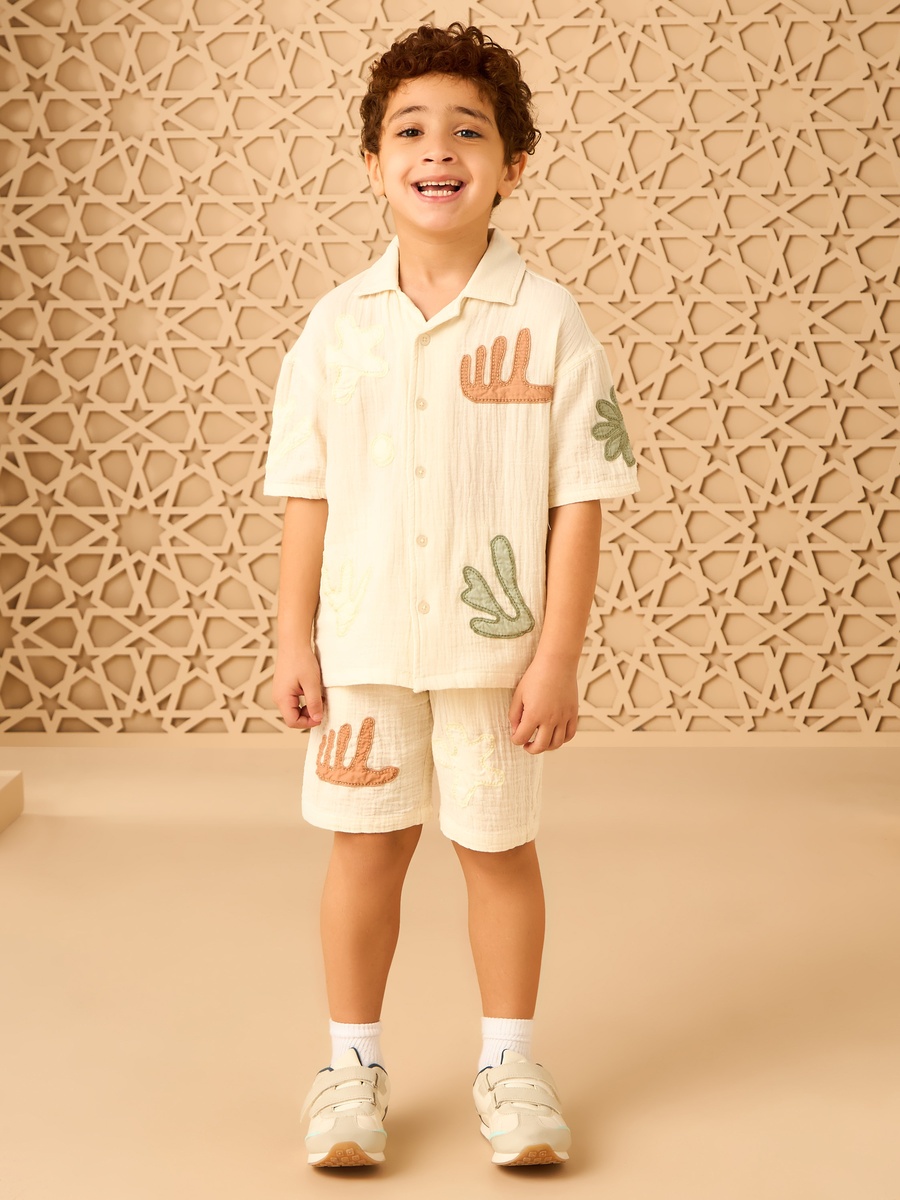 Floral Embroidered Cotton Shirt and Shorts Set