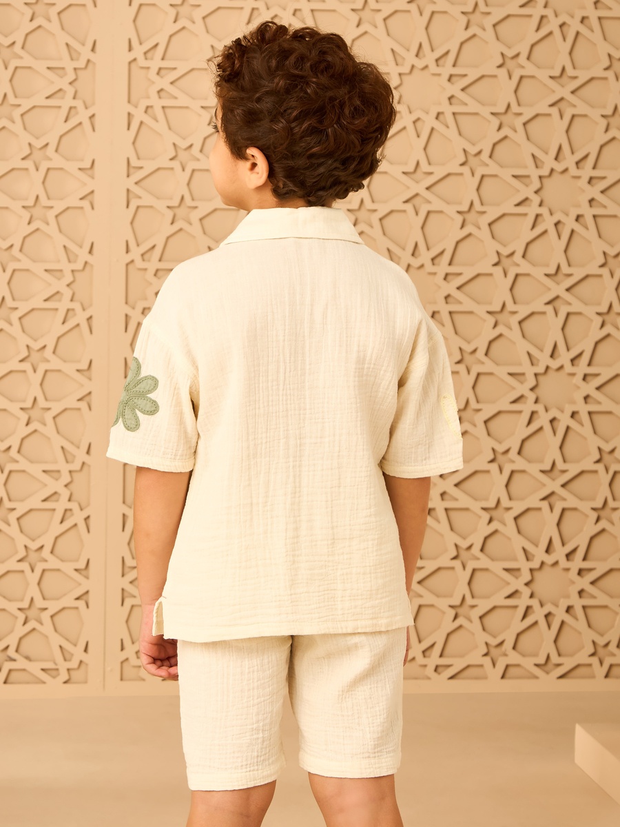 Floral Embroidered Cotton Shirt and Shorts Set