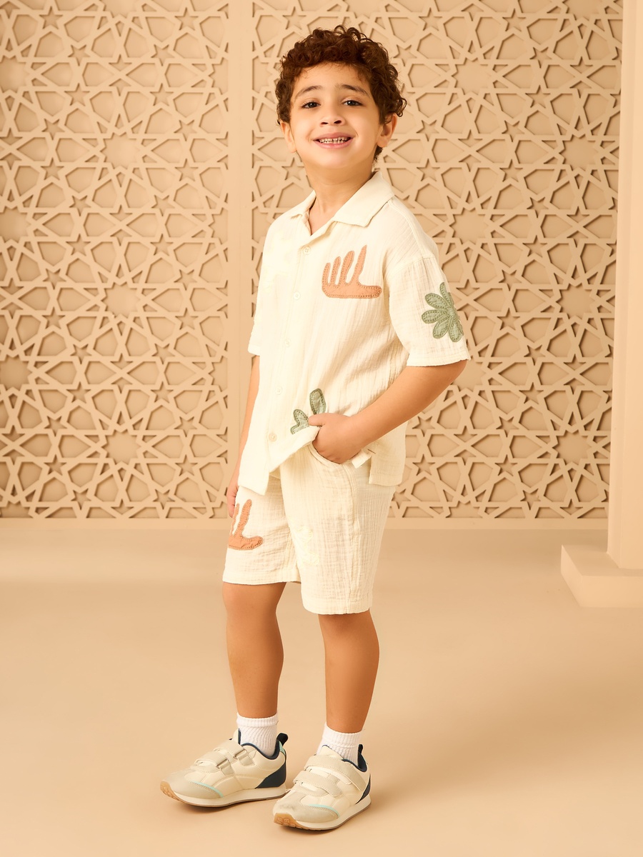 Floral Embroidered Cotton Shirt and Shorts Set