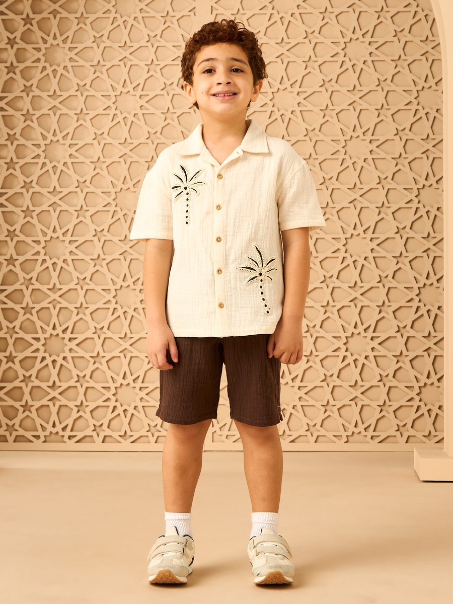 Palm Tree Embroidered Cotton Shirt and Shorts Set