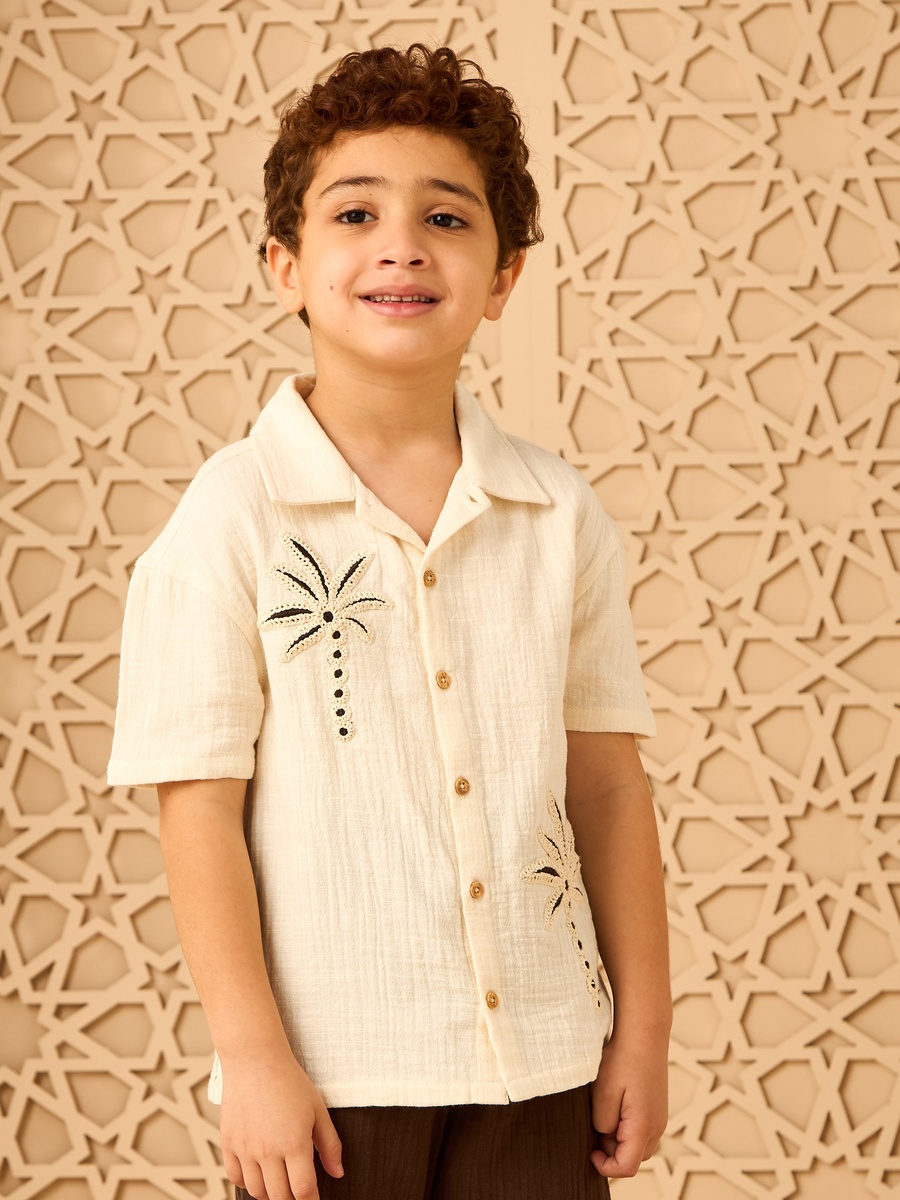 Palm Tree Embroidered Cotton Shirt and Shorts Set