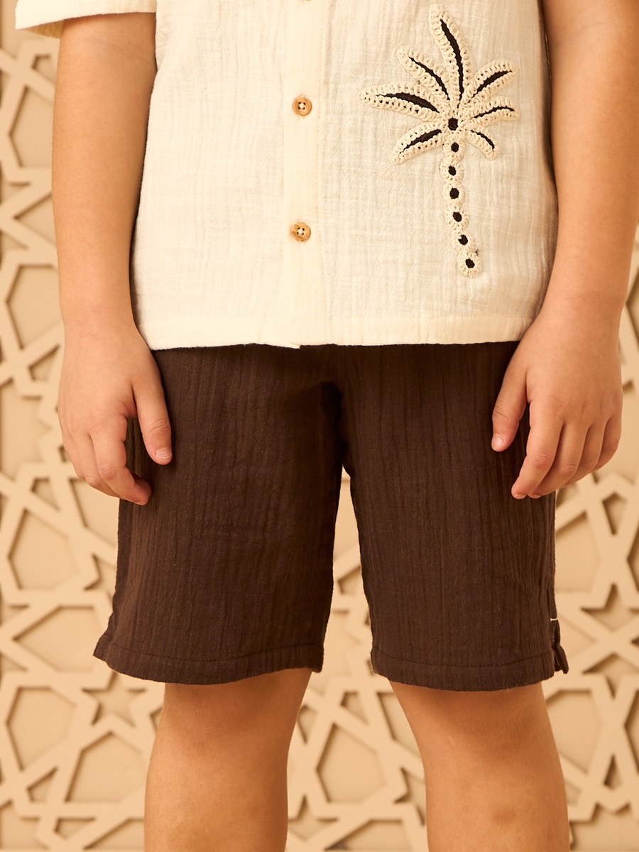 Palm Tree Embroidered Cotton Shirt and Shorts Set