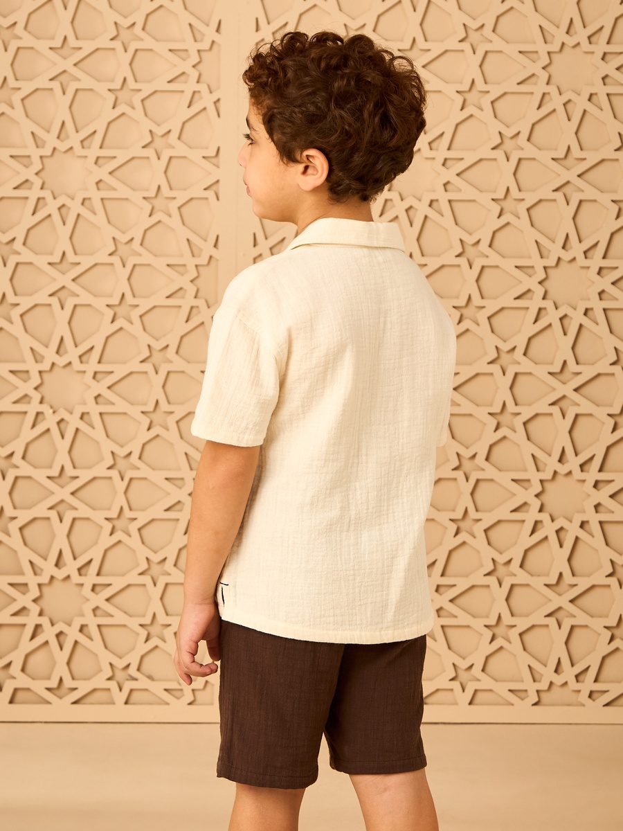 Palm Tree Embroidered Cotton Shirt and Shorts Set