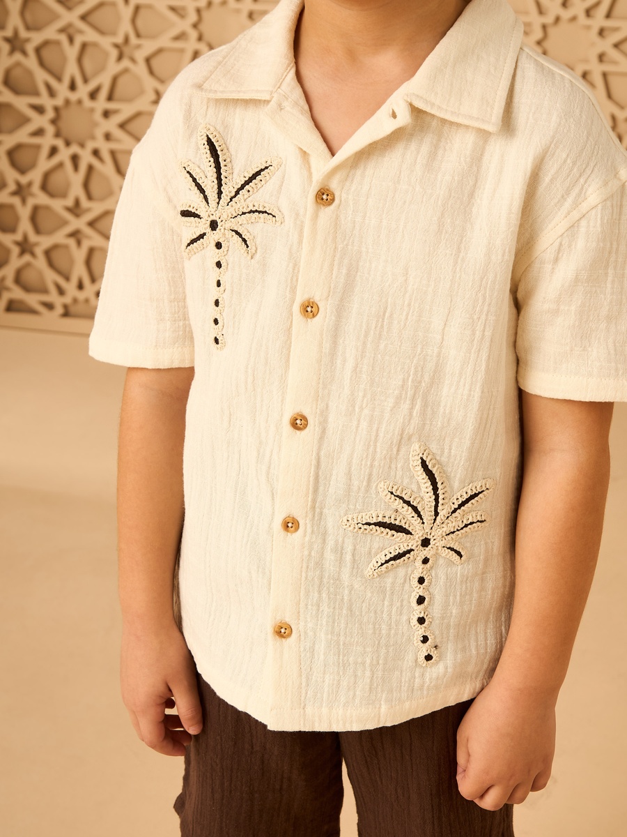 Palm Tree Embroidered Cotton Shirt and Shorts Set
