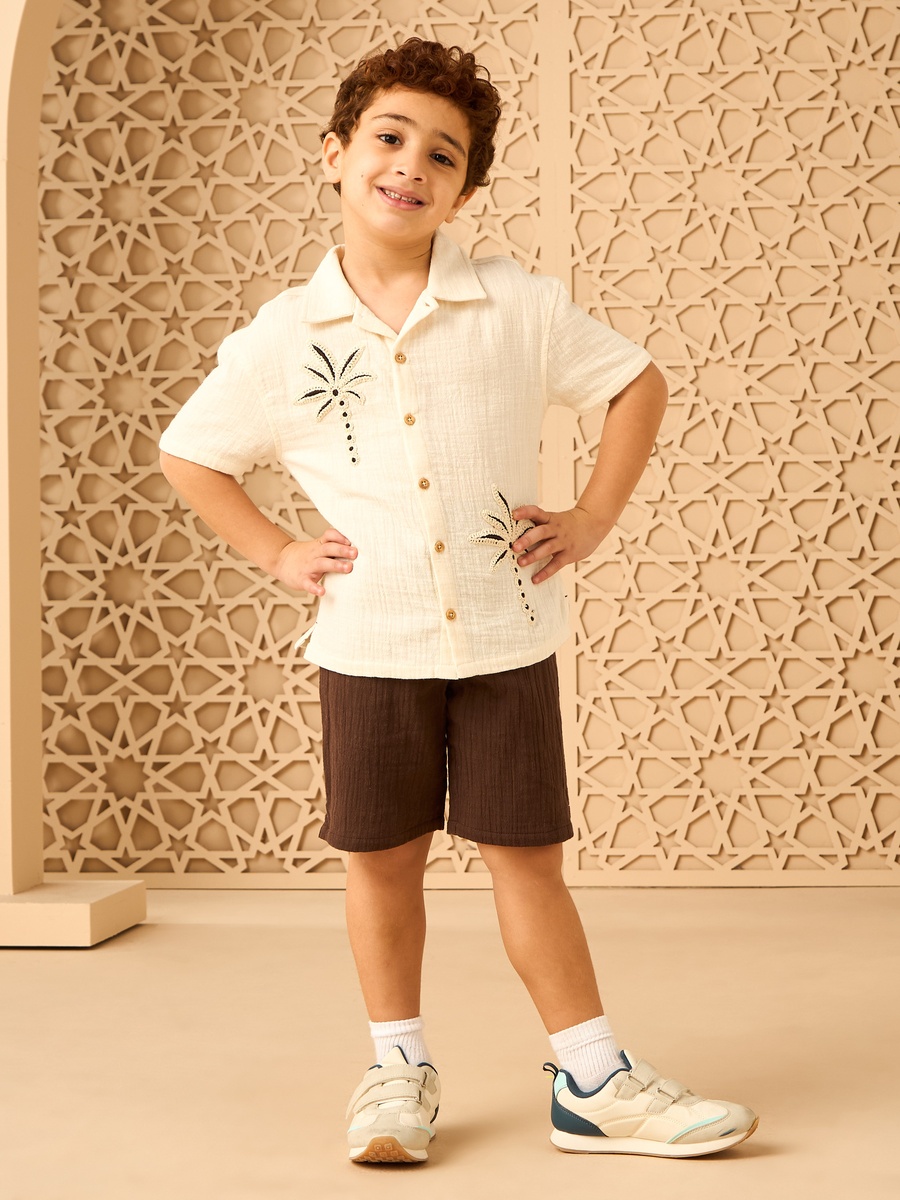 Palm Tree Embroidered Cotton Shirt and Shorts Set