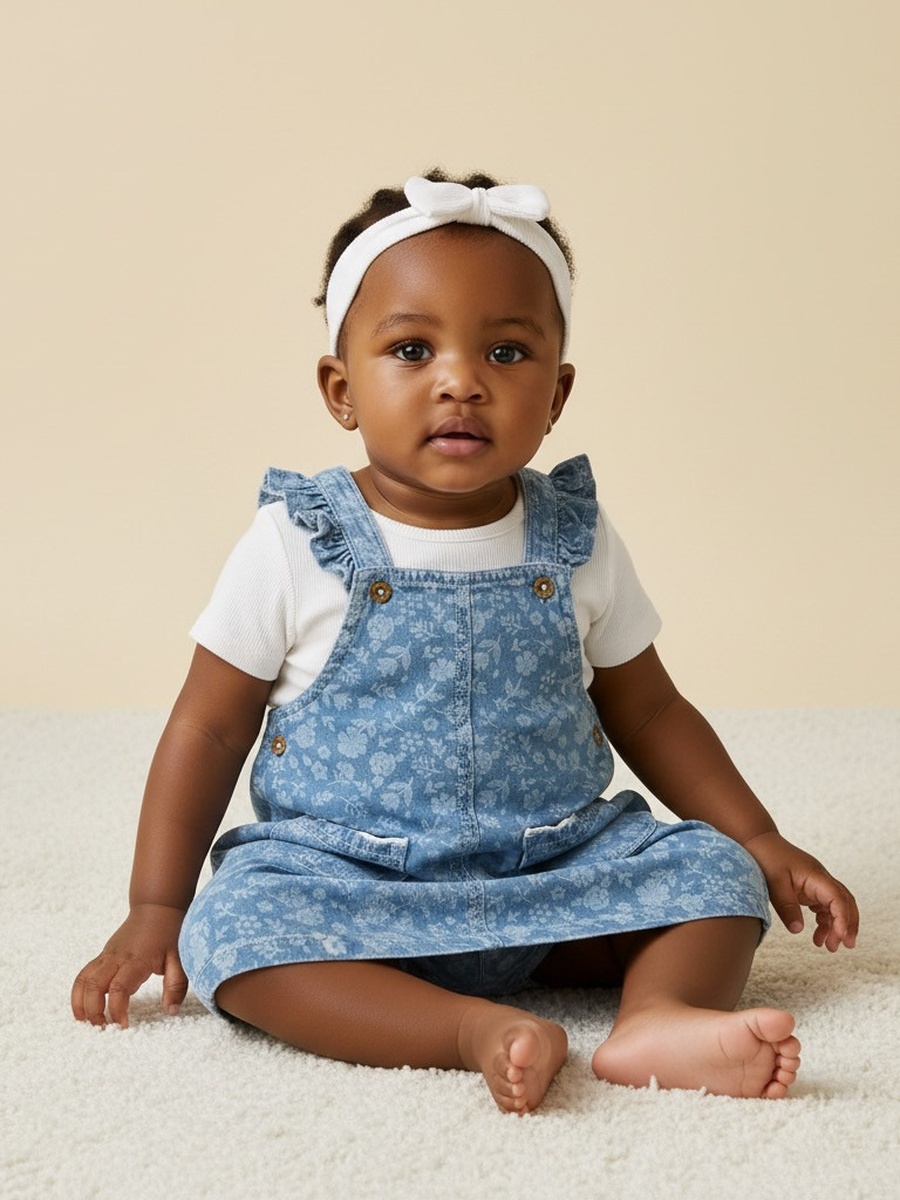 Printed Denim Pinafore with T-Shirt and Headband Set